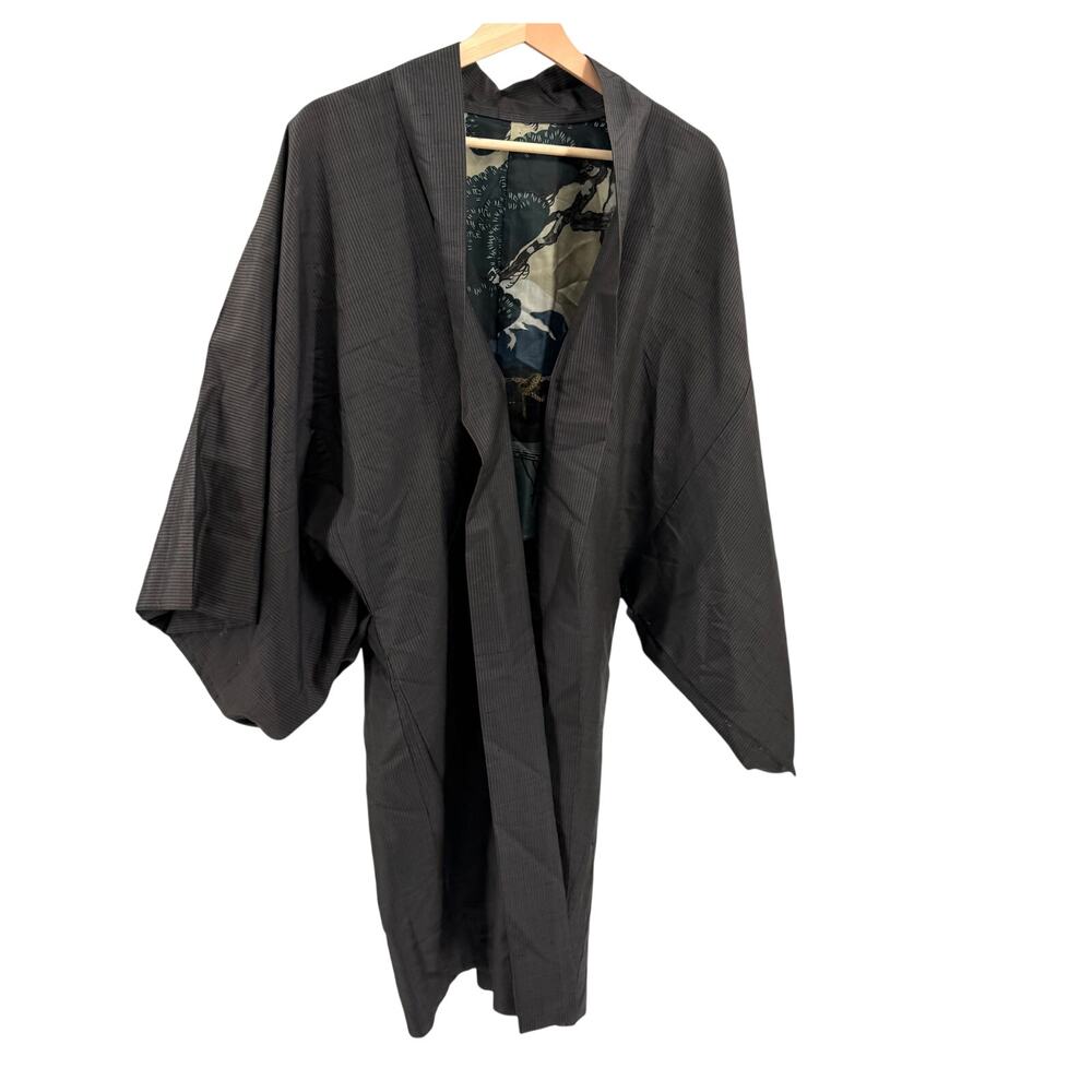 Vintage 50s Gray 100% Silk Mt Fuji Mens Haori Kimono Jacket